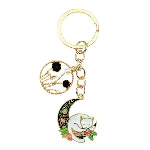 Evenchae Kitty Cat on Moon & Floral Charms Keychain, Gift Bag, 3.75"L